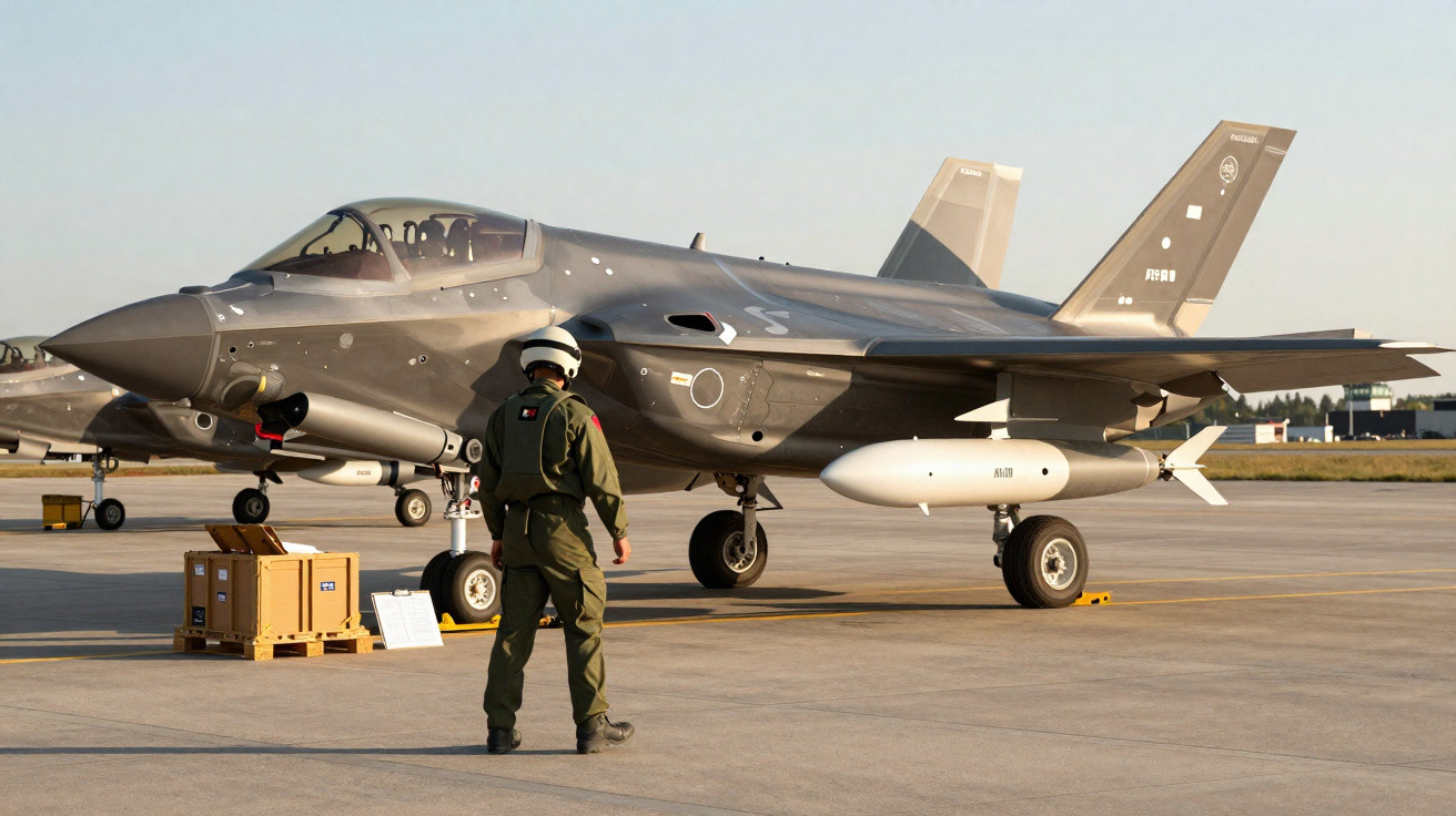 Avião de caça militar estacionado no pátio com um piloto vestido de uniforme verde e capacete branco ao lado.