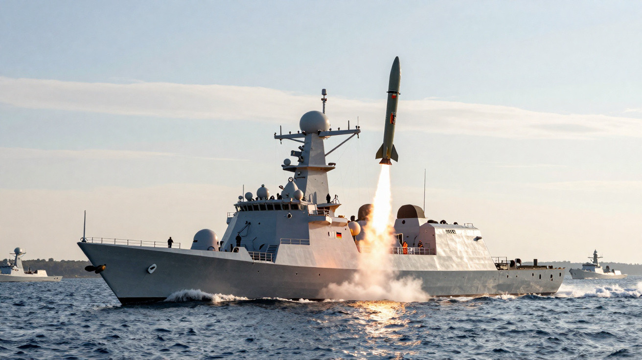 Navio de guerra lançando míssil sobre o mar em dia claro.