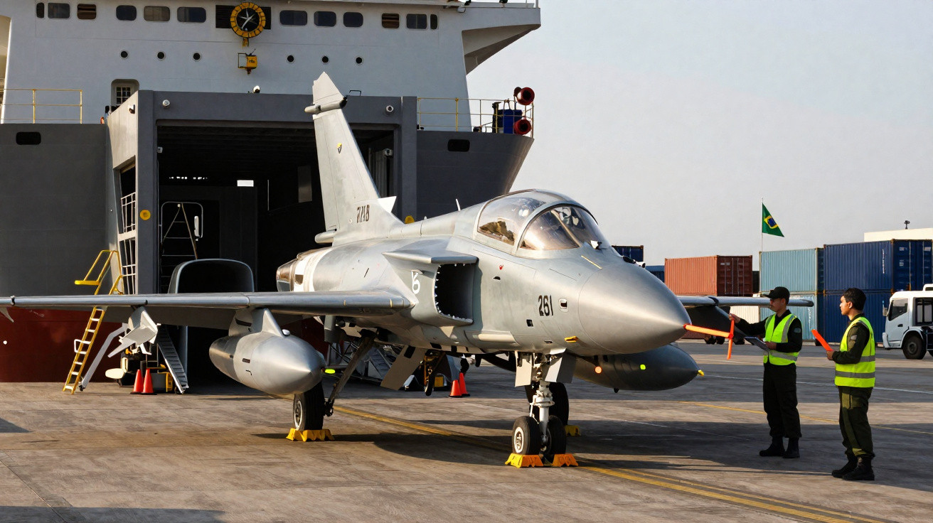 Caça militar cinza estacionado em um píer próximo a um navio de guerra com dois tripulantes em coletes refletivos.