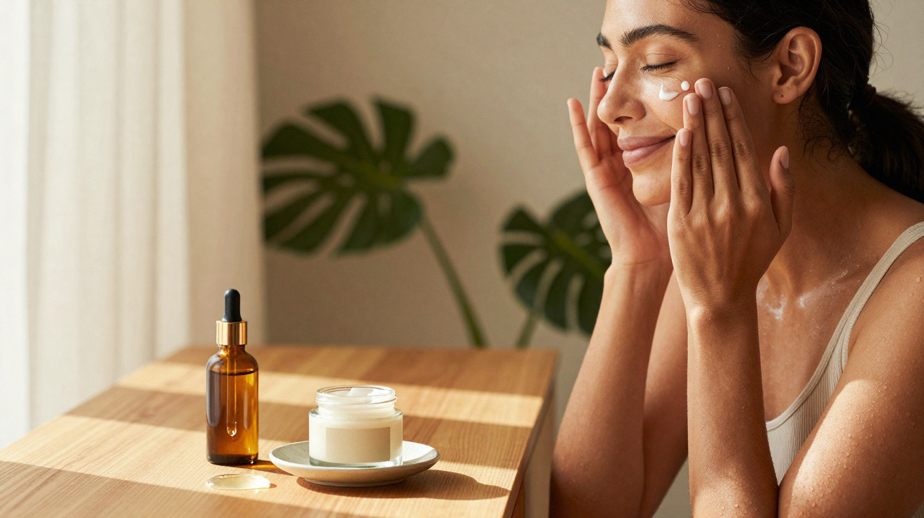 Mulher aplicando creme facial com pote e frasco de óleo sobre mesa de madeira iluminada.