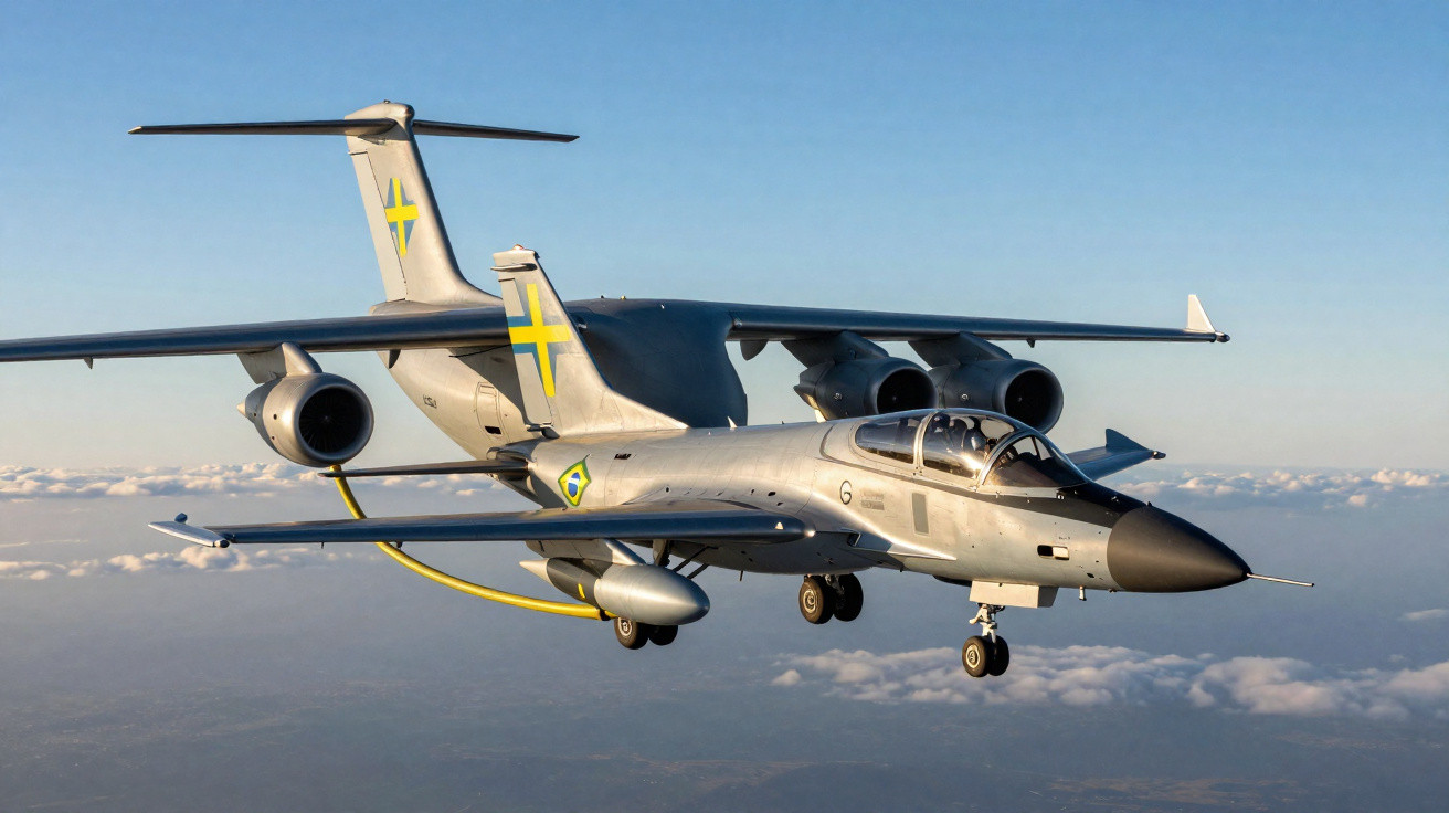 Caça A-29 Super Tucano com tanque a jato ao fundo em voo sobre nuvens ao entardecer.