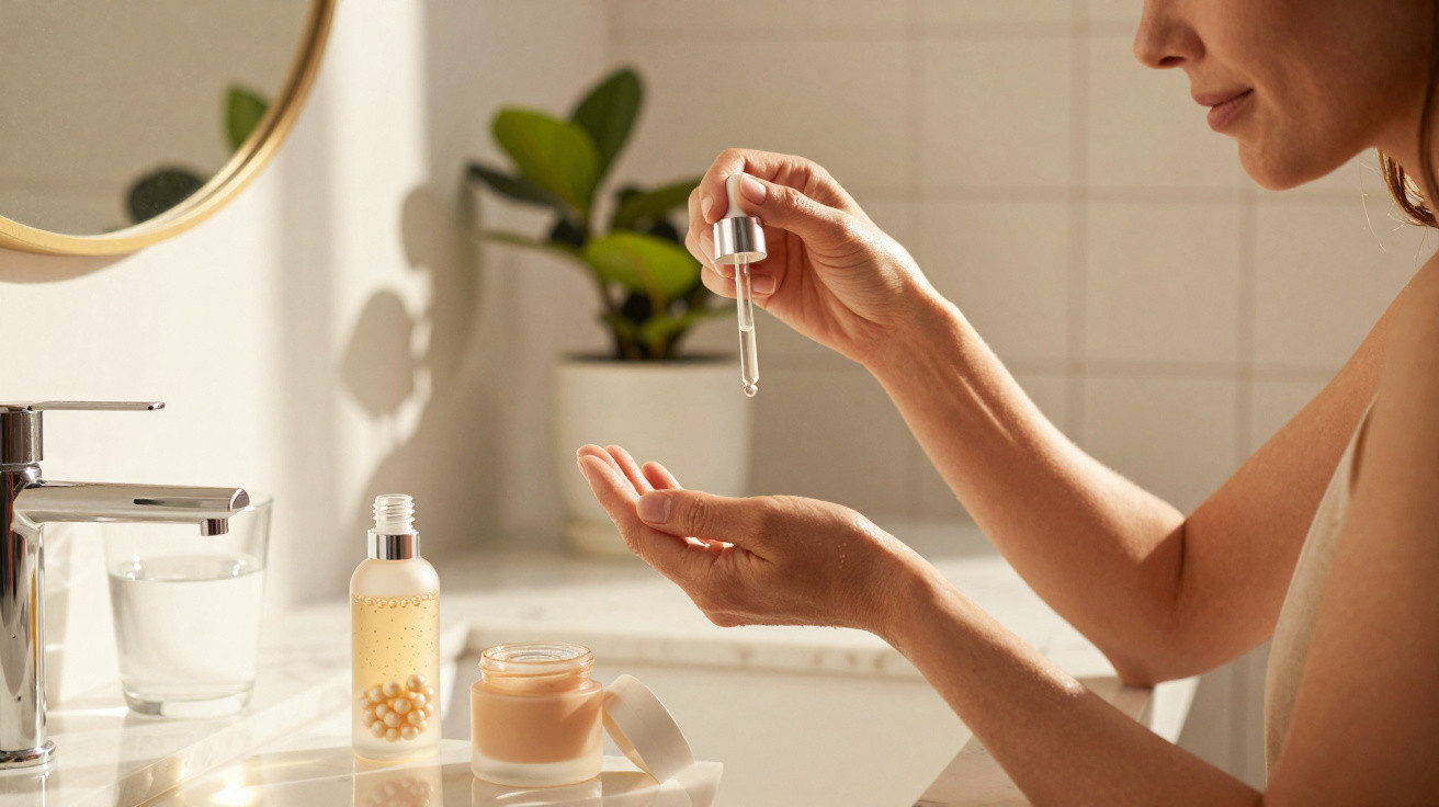 Mulher aplicando soro facial com conta-gotas em ambiente de banheiro com plantas ao fundo.