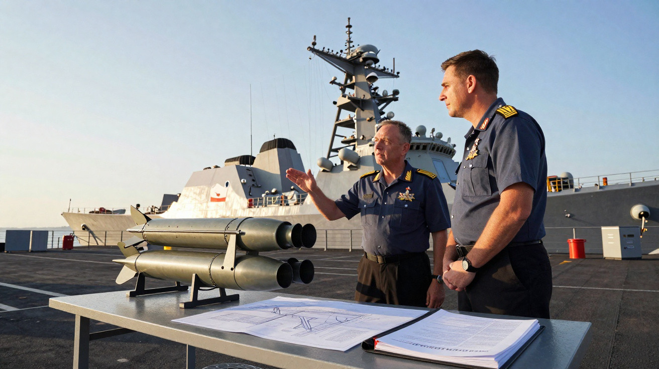 Dois oficiais da marinha em convés de navio militar observando modelos de torpedos sobre mesa com documentos.