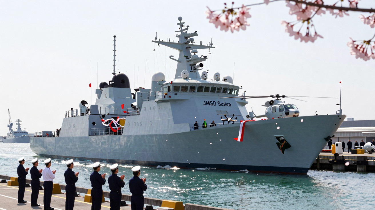 Navio militar cinza JMSD Suika atracado, com helicóptero e marinheiros alinhados em cais sob flores de cerejeira.