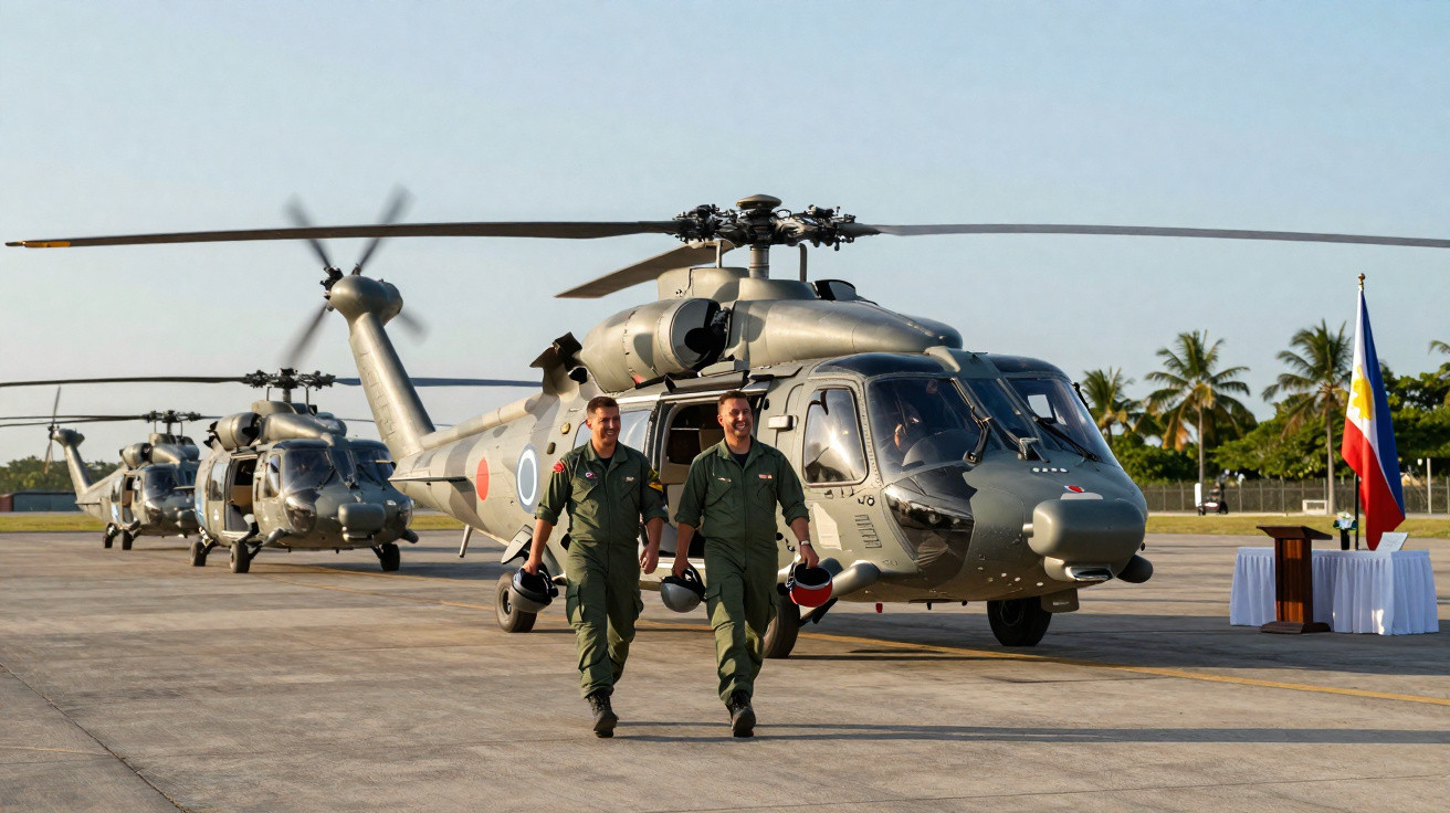 Dois pilotos militares caminhando à frente de helicópteros estacionados em pista de aeroporto com céu claro.