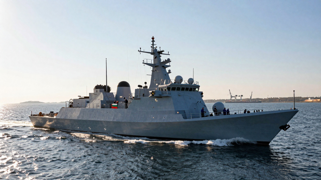 Navio de guerra cinza em movimento no mar com costa e guindastes ao fundo.