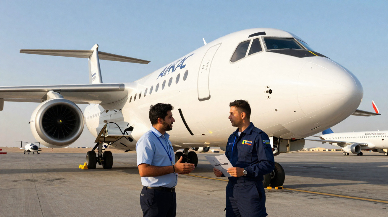 Dois homens conversam em frente a um avião branco estacionado no aeroporto em dia claro.