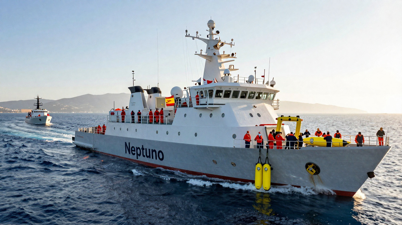 Navio de pesquisa Neptuno com tripulação usando coletes laranja navegando em mar calmo ao entardecer.