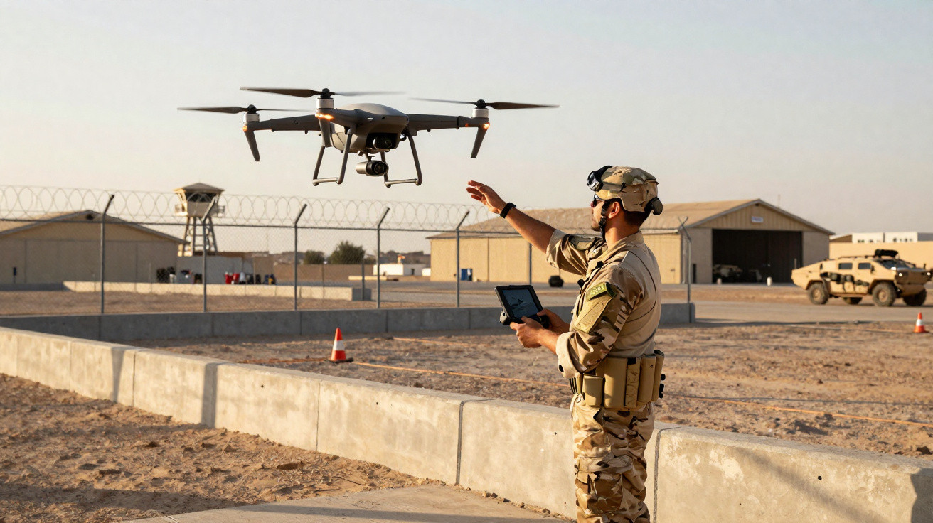 Militar em uniforme bege operando drone com controle remoto em base militar no deserto ao entardecer.