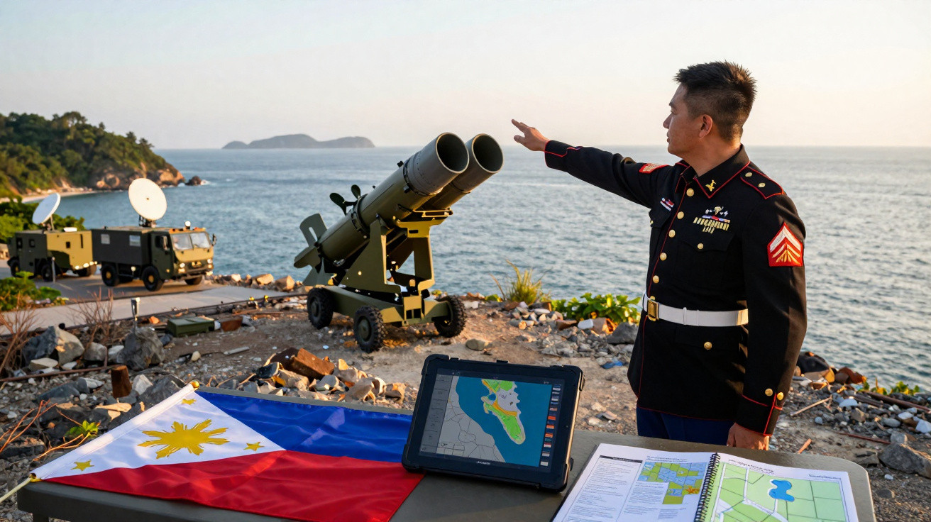 Militar filipino aponta para o mar em base costeira com equipamento militar e bandeira das Filipinas.