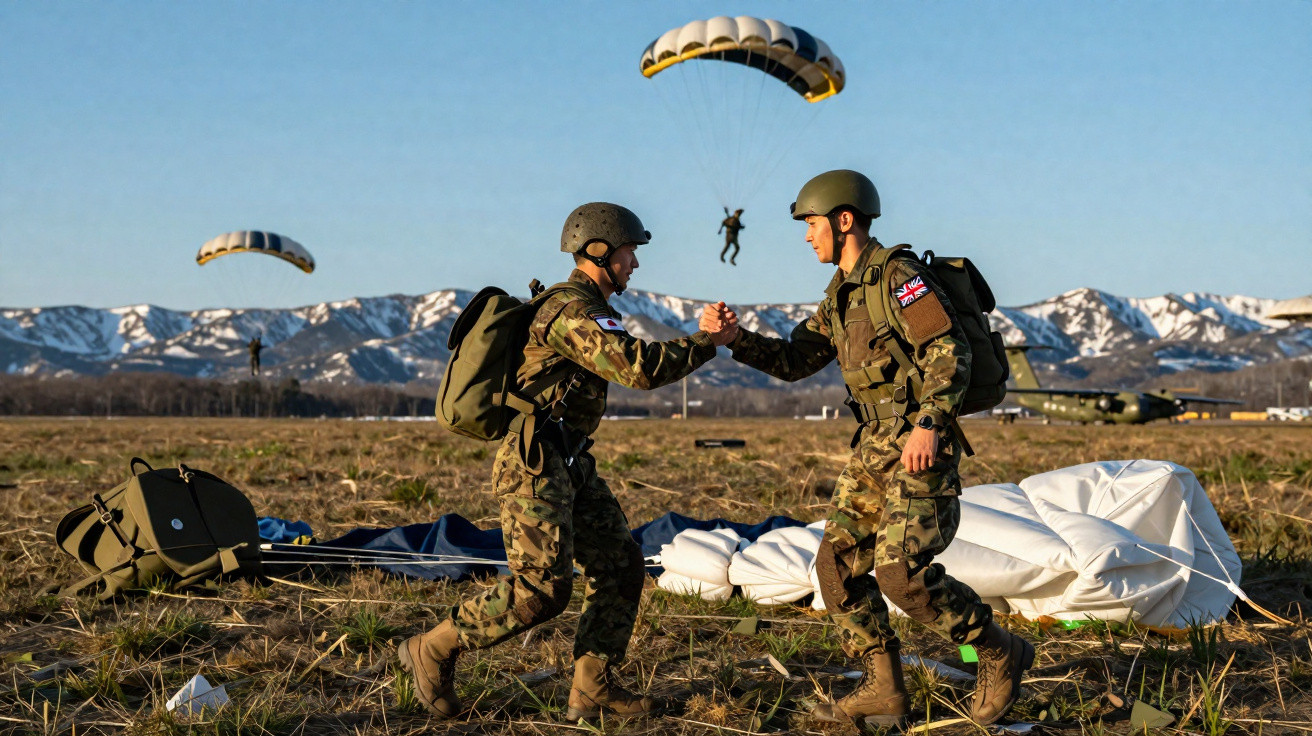 Dois soldados em uniforme de camuflagem se cumprimentam após salto de paraquedas com montanhas ao fundo.