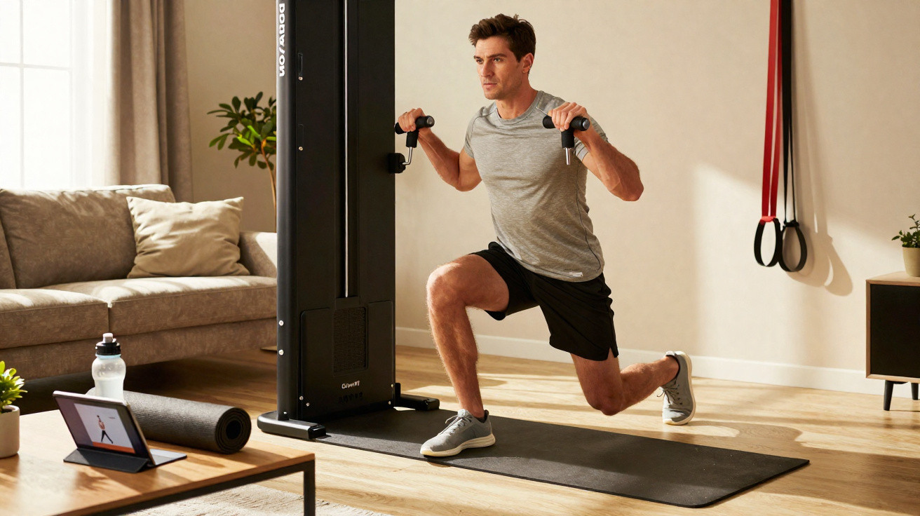 Homem praticando exercício com aparelho em casa, em ambiente claro e organizado, usando roupa esportiva.