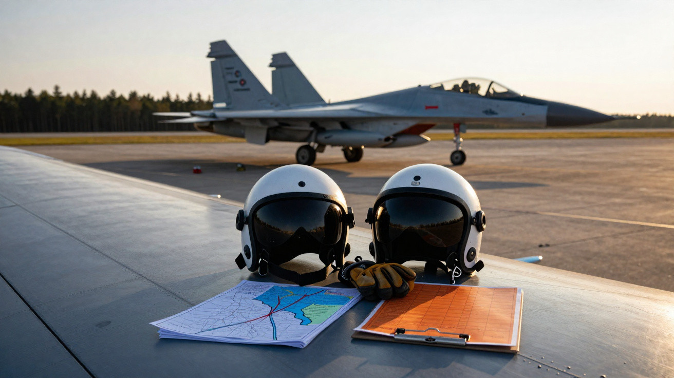 Dois capacetes de piloto com mapas e luvas sobre a asa de avião, com caça militar ao fundo no aeroporto.