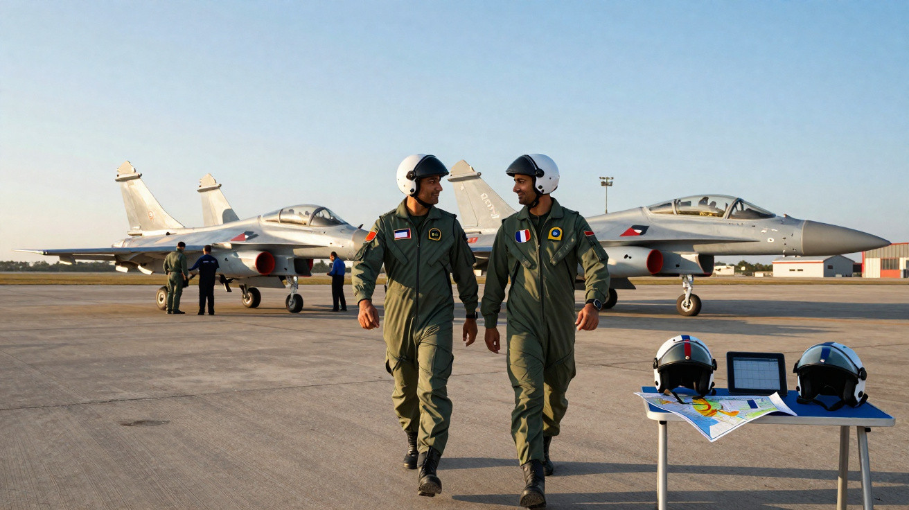 Dois pilotos militares caminhando em pista com caças e equipe técnica ao fundo em dia claro.
