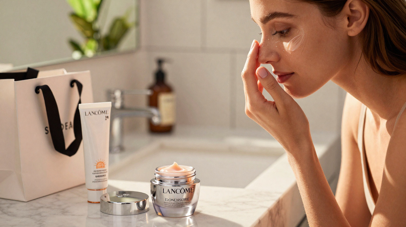 Mulher aplicando creme no rosto ao lado de produtos de skincare Lancôme sobre bancada branca.