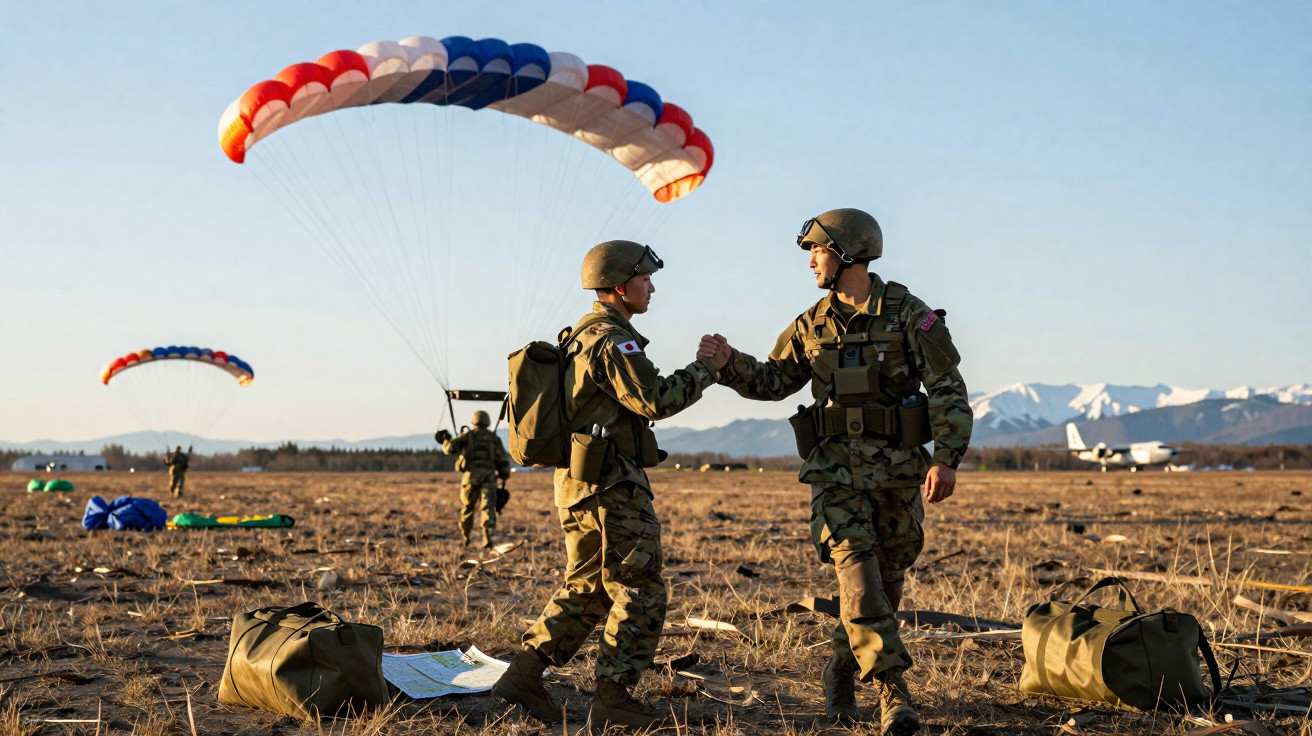 Dois soldados em roupas camufladas apertam as mãos após salto de paraquedas em campo aberto com montanhas ao fundo.