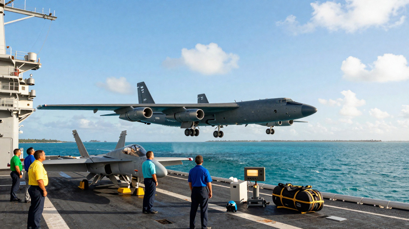 Aeronave militar B-52 em pouso marítimo próximo a porta-aviões com tripulação observando.