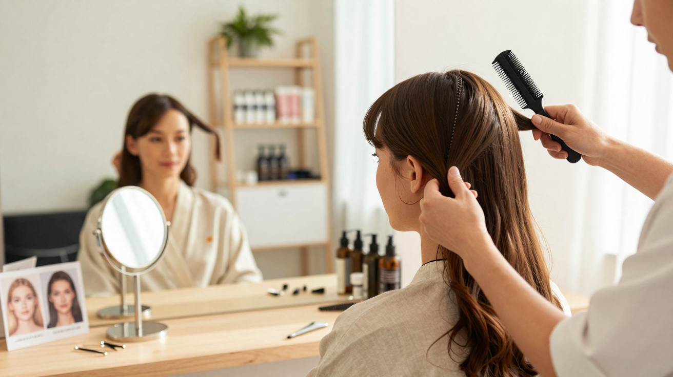 Mulher sentada em salão, recebendo penteado enquanto se olha no espelho à sua frente.