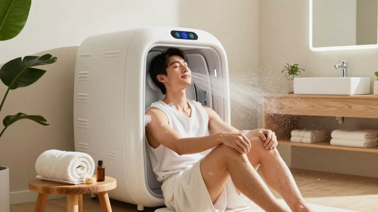 Homem relaxando em cabine de vapor compacta em banheiro moderno e iluminado.