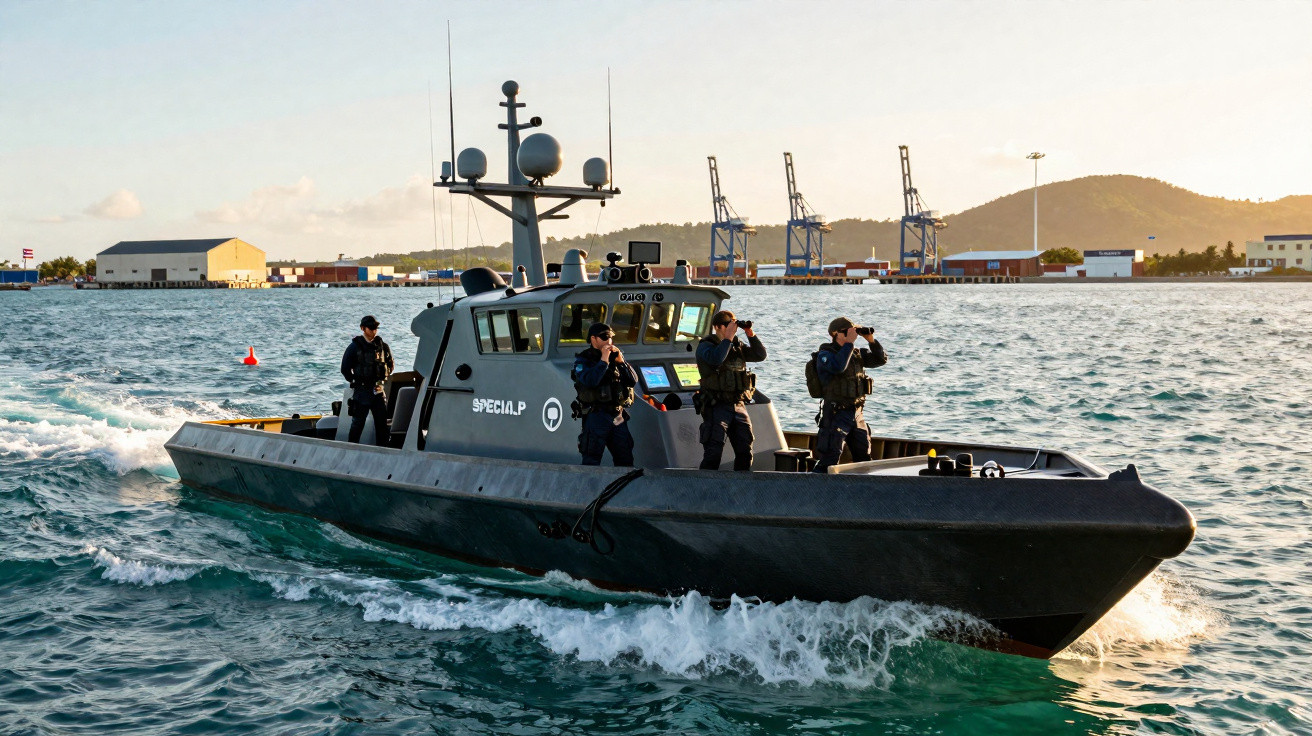 Barco patrulha com quatro policiais equipados navegando em mar próximo a porto com guindastes.