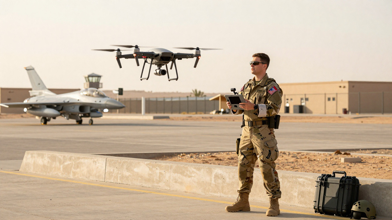 Soldado operando drone preto em base aérea com caça estacionado e equipamentos no chão.