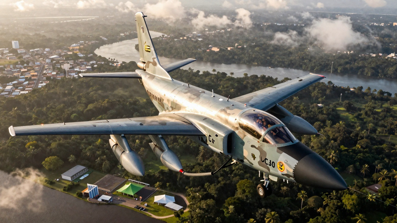 Avião militar em voo baixo sobre área verde com rio e pequenas construções ao fundo.