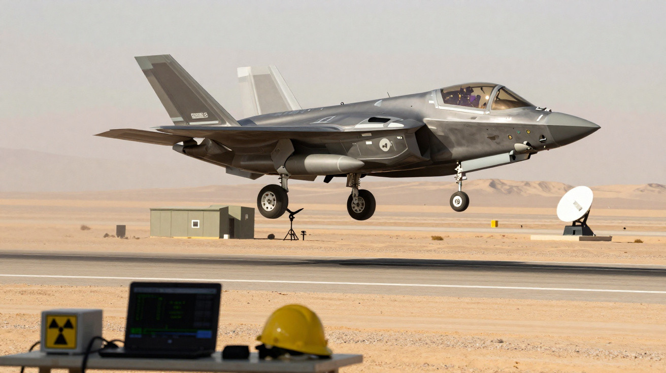 Caça F-35 decolando em pista no deserto com equipamentos de monitoramento em primeiro plano.