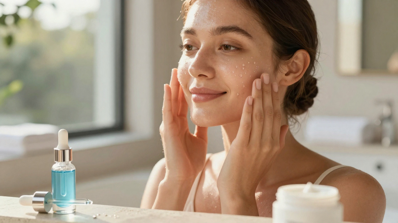 Mulher aplicando serum facial no rosto em banheiro bem iluminado, com frasco azul na frente.