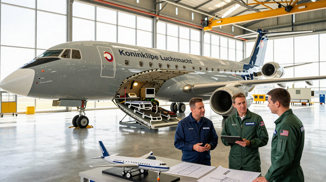 Avião militar estacionado em hangar com três homens reunidos discutindo documentos ao lado de miniatura de avião.