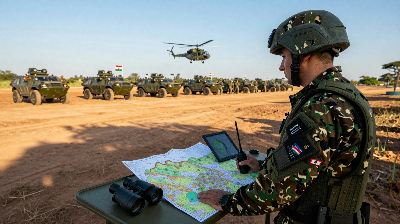 Soldado em uniforme militar analisa mapa em mesa com veículos blindados e helicóptero ao fundo.