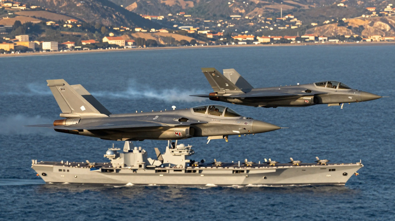 Dois caças militares voando baixo sobre um porta-aviões no mar com costa ao fundo.