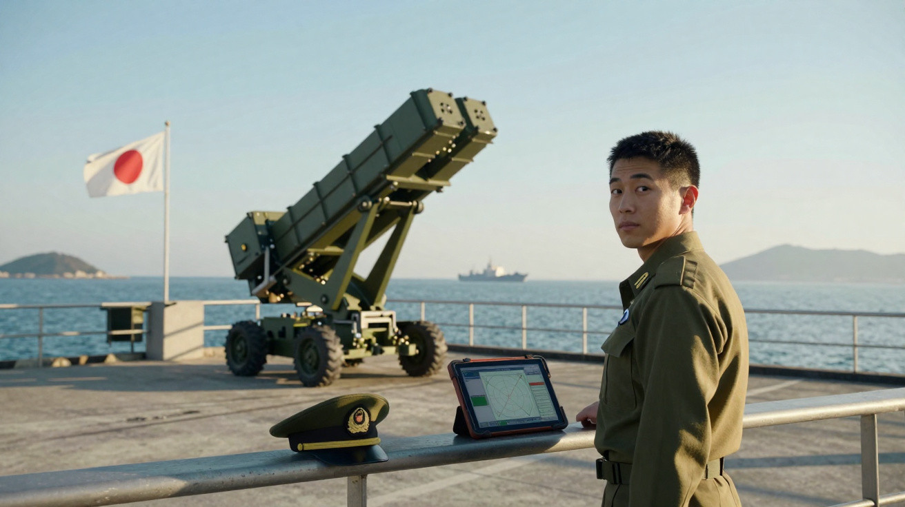 Militar japonês em uniforme verde ao lado de equipamento militar com tablet, à beira-mar com bandeira do Japão ao fundo.