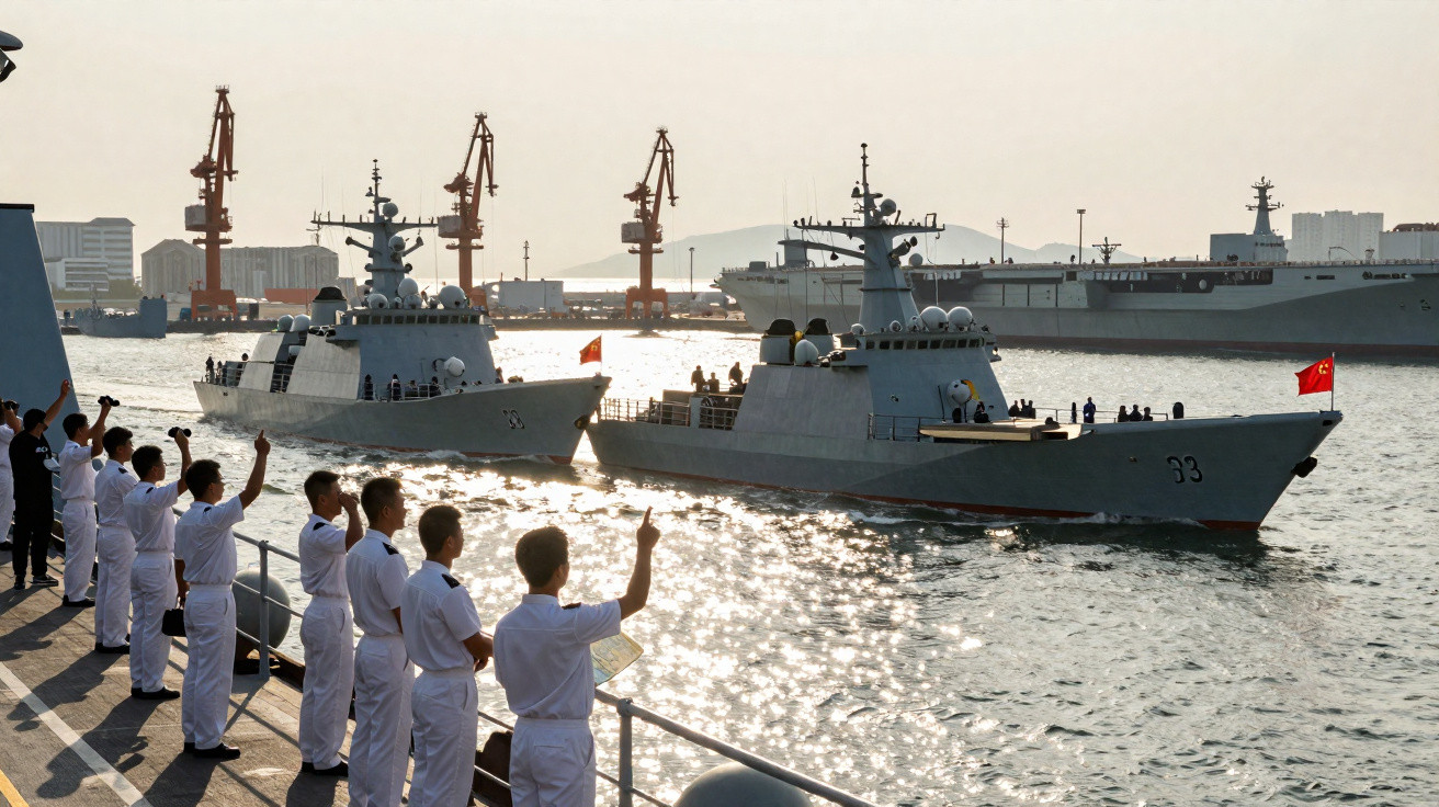 Militares em uniforme branco saudando navios de guerra com bandeiras vermelhas em porto com guindastes ao fundo.