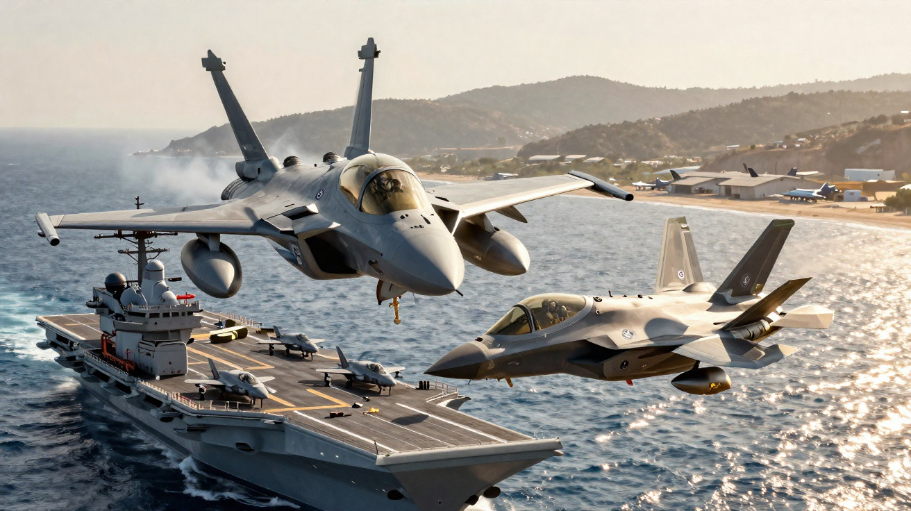 Dois caças militares voando próximos a um porta-aviões no mar ao pôr do sol.