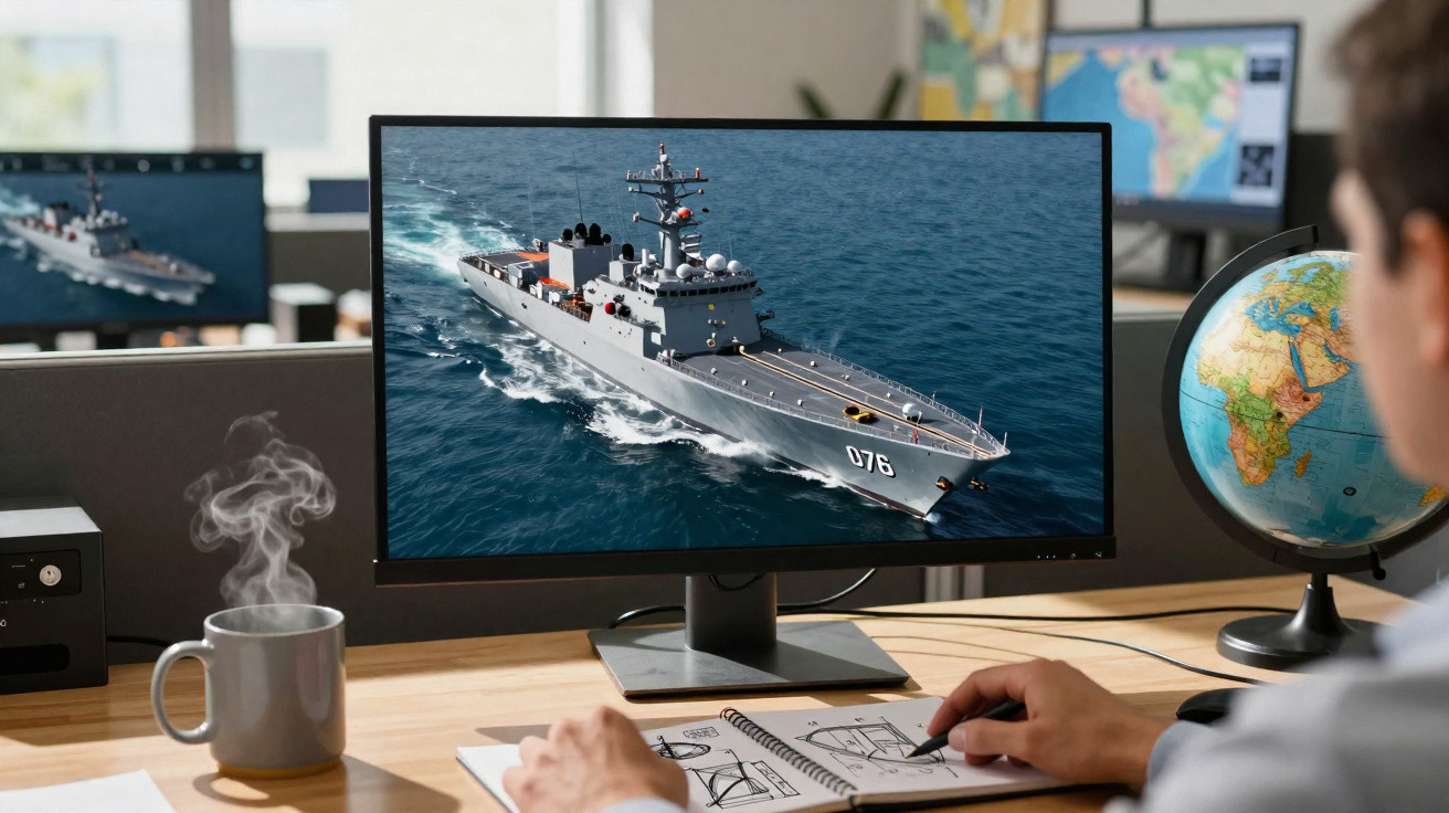 Computador exibindo imagem de navio militar cinza navegando no mar, com pessoa desenhando e globo terrestre ao lado.