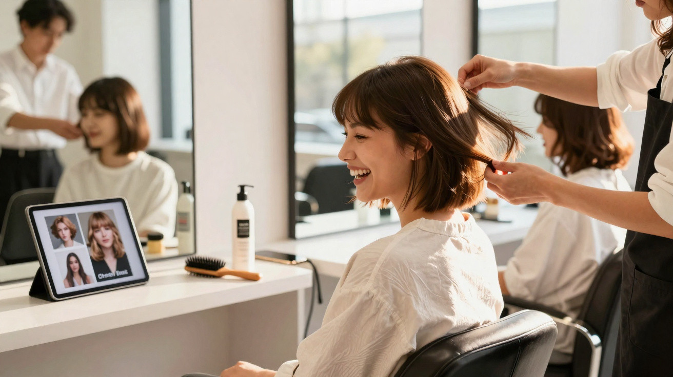 Mulher sorrindo no salão de beleza enquanto cabeleireira arruma seu cabelo curto na frente do espelho.