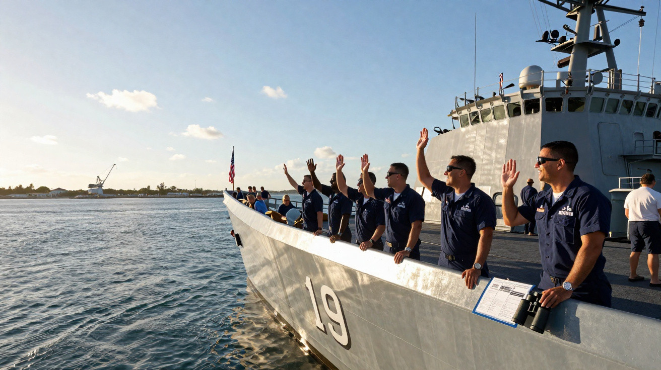 Marinheiros em uniforme azul acenam na borda de um navio naval número 19 no mar sob céu claro.