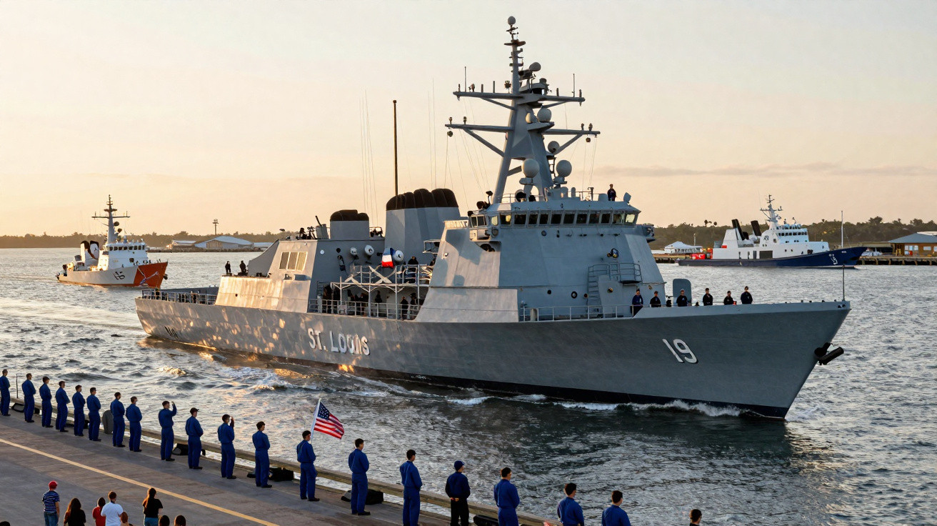 Navio militar St. Louis navegando próximo à costa com tripulação alinhada na doca ao entardecer.