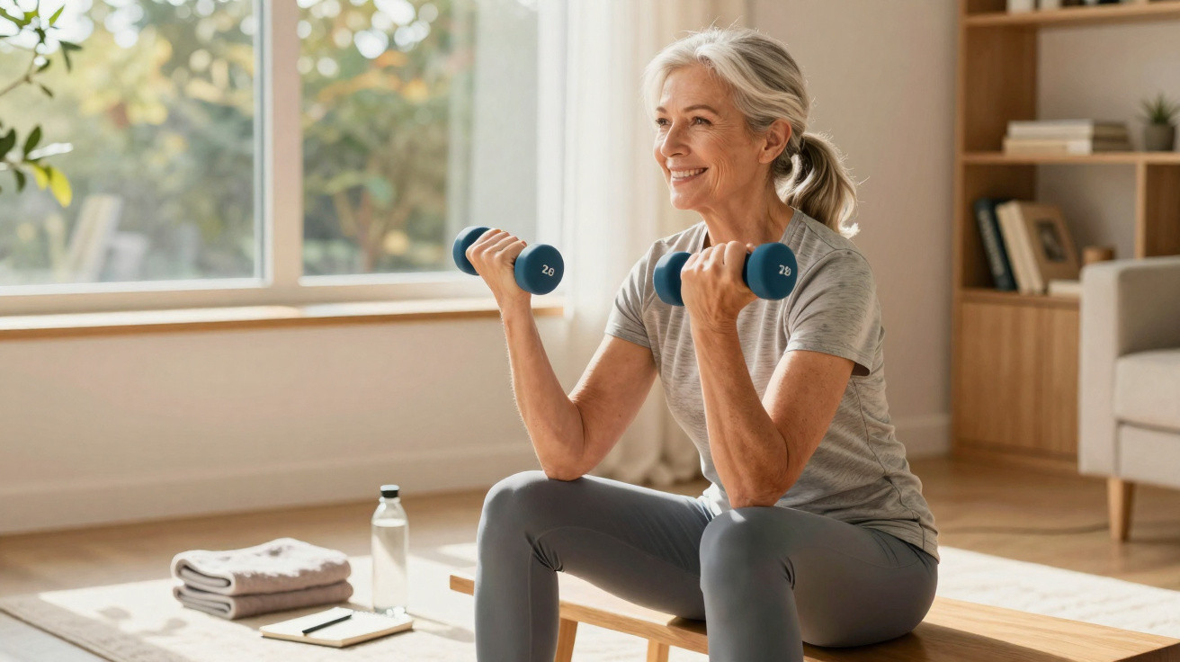 Mulher sorridente praticando exercícios com halteres sentada em banco, em ambiente iluminado.