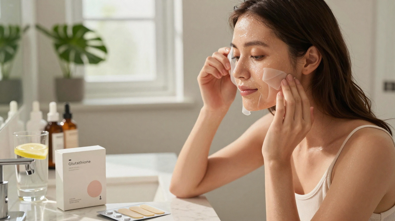 Mulher aplicando máscara facial transparente em ambiente iluminado e calmo, com produtos de cuidado ao lado.