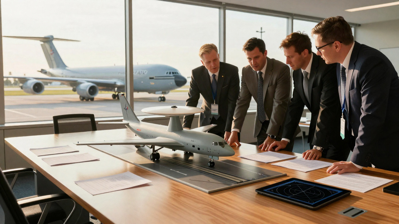 Quatro homens de terno analisam maquete de avião militar em sala com janela para pista de aeroporto.