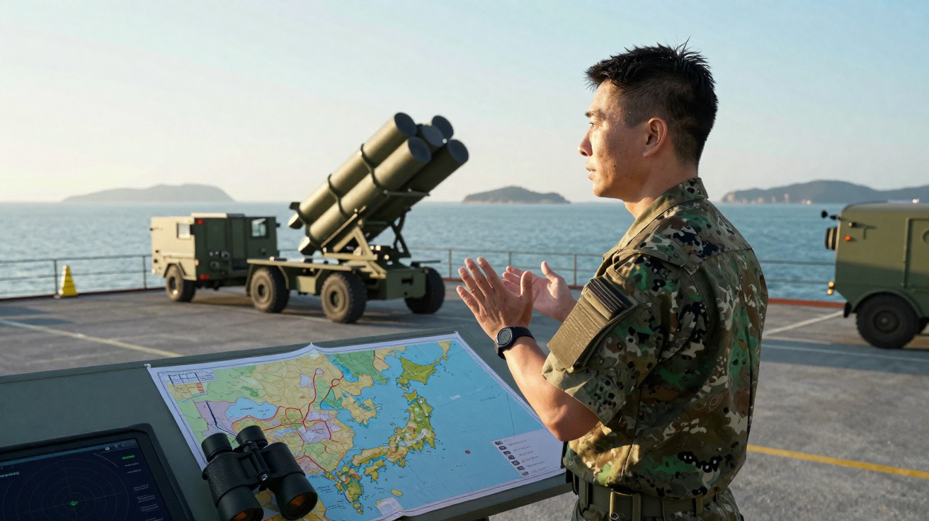 Militar japonês em ação de defesa naval ao lado de equipamento de mísseis e mapa estratégico.