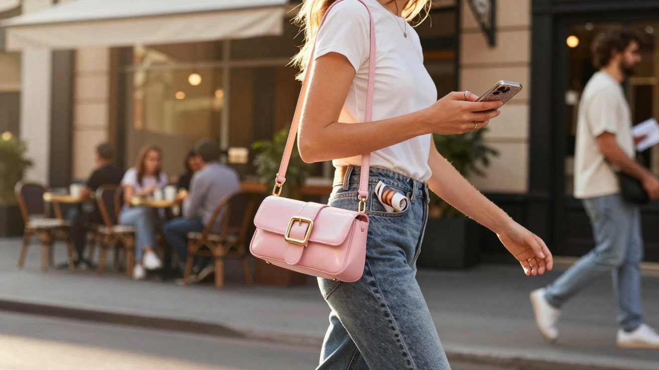 Mulher usando camiseta branca e jeans, com bolsa rosa e celular na mão, caminhando na calçada de rua urbana.