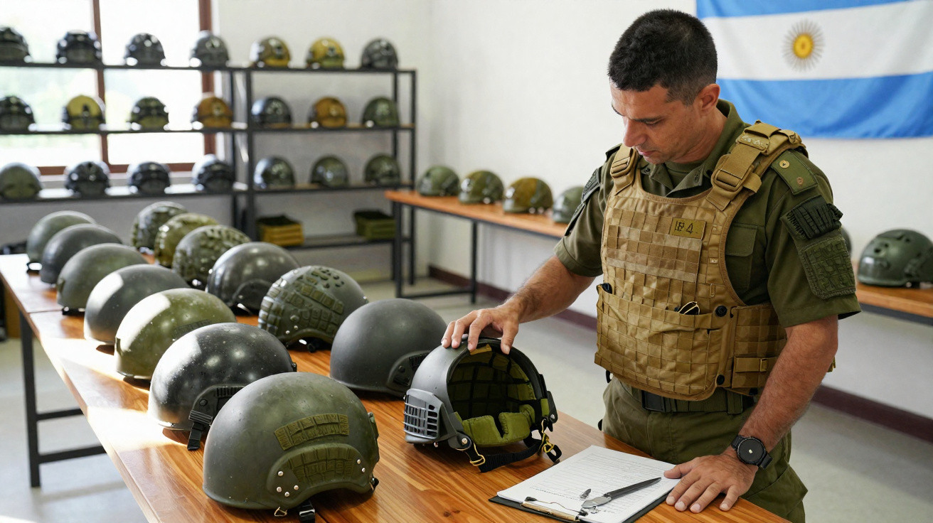 Militar inspecionando capacetes táticos organizados em mesas com bandeira da Argentina ao fundo.
