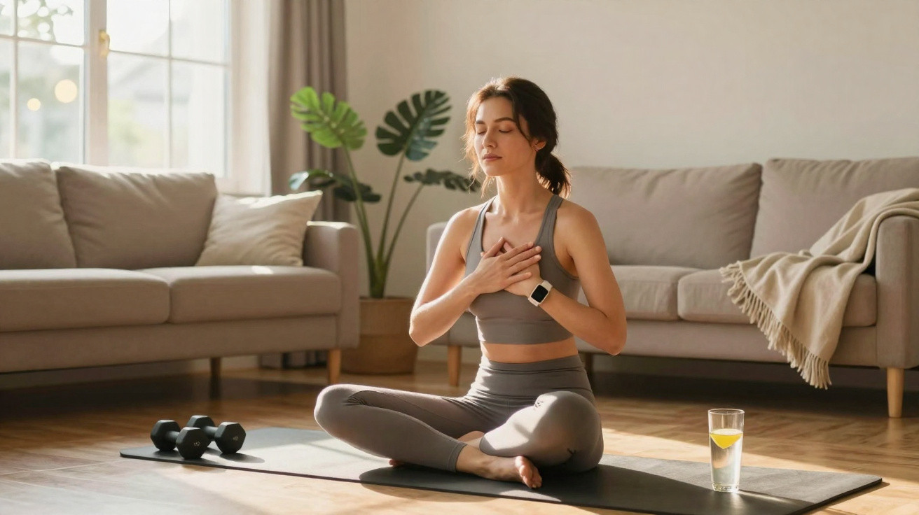 Mulher praticando meditação sentada em posição de lótus em tapete de yoga na sala de estar.