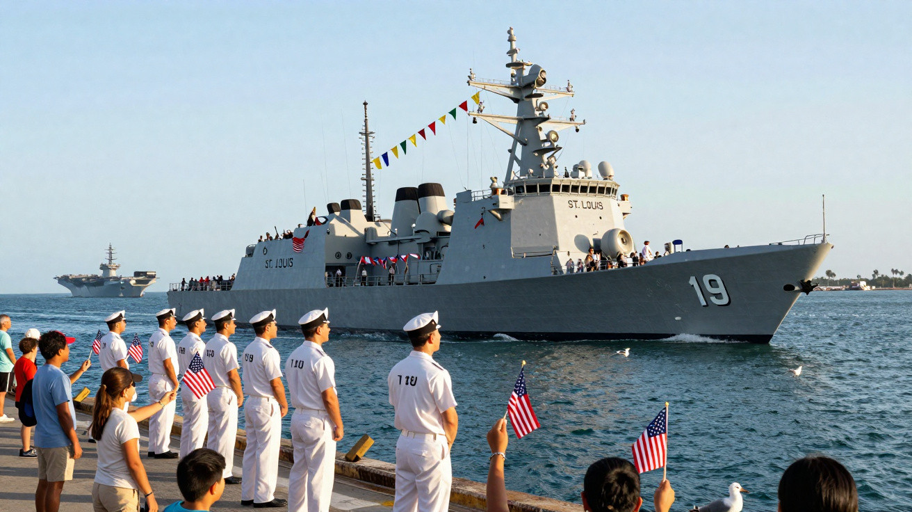 Navio de guerra St. Louis com tripulação e civis acenando na costa durante evento naval.