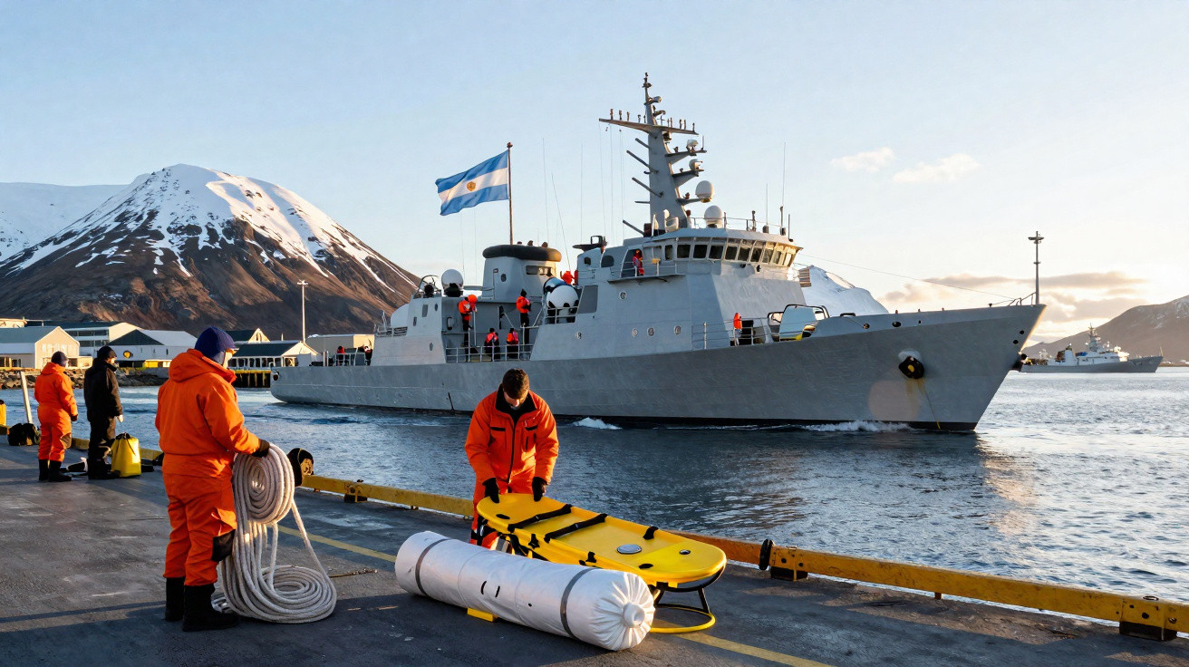 Marinheiros em coletes laranja no cais próximo a navio militar com bandeira da Argentina e montanha ao fundo.