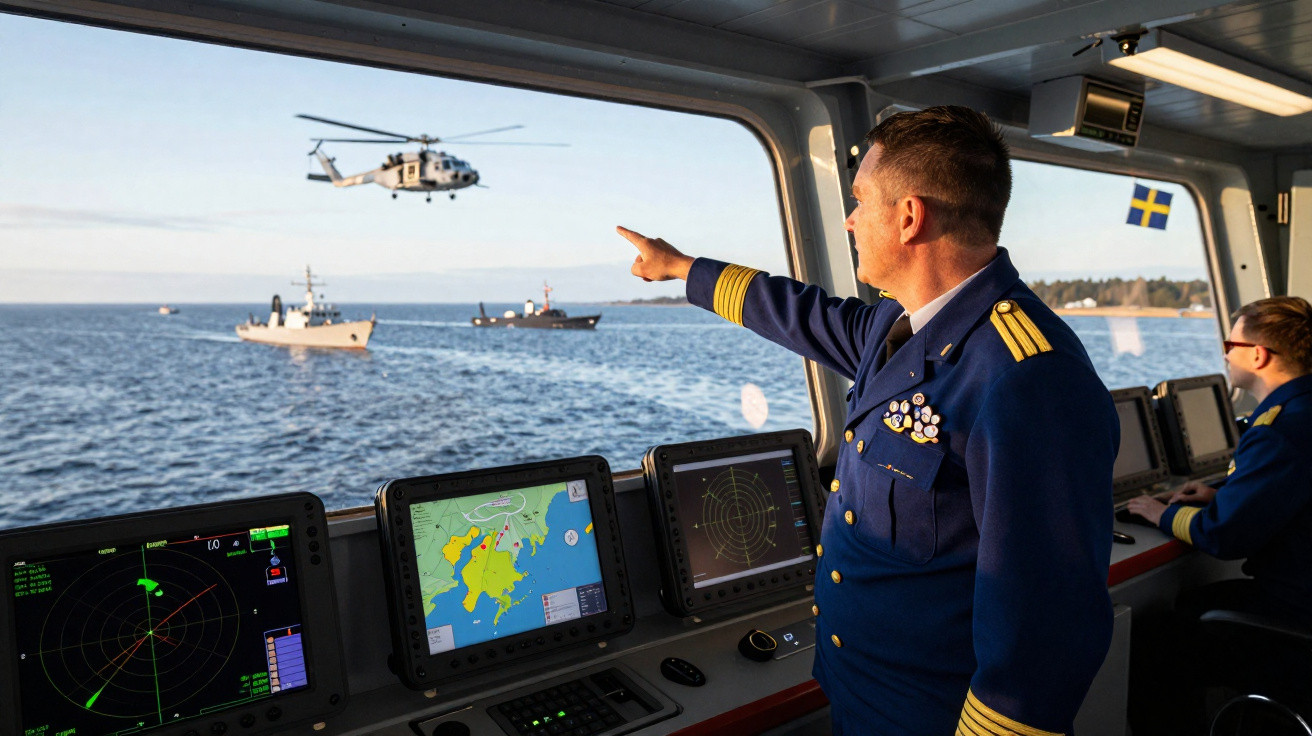Marinheiro aponta helicóptero voando sobre o mar visto do interior de um navio militar com equipamentos de navegação.