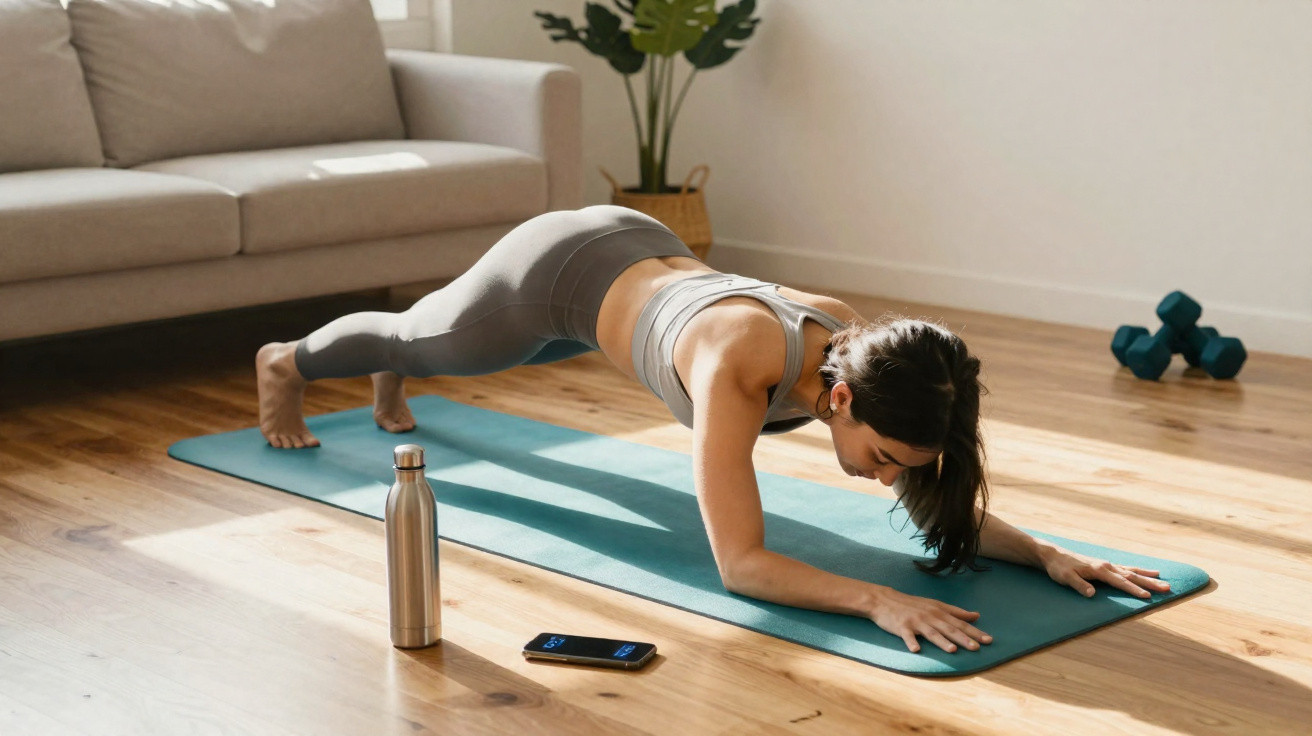 Mulher fazendo prancha em tapete de yoga dentro de casa, ao lado de garrafa e celular.