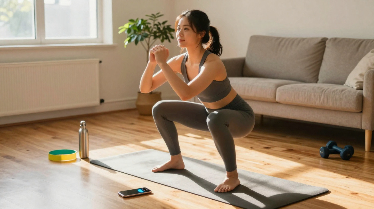 Mulher faz agachamento em tapete de yoga em sala iluminada, com garrafa, peso e celular ao lado.